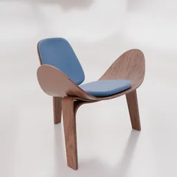 3D model of a minimalistic wooden chair with exaggerated design elements, customizable wood and fabric colors in Blender.