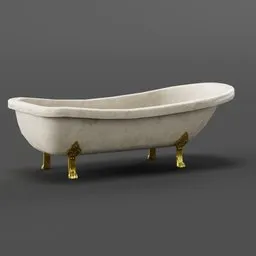Vintage-style 3D bathtub model with ornate golden claw feet, designed for Blender 3D rendering.