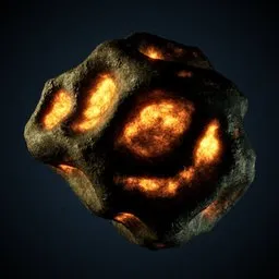 Detailed 3D asteroid model with glowing molten core effect for Blender, showcasing adjustable PBR procedural material.