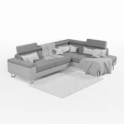 "Discover an exquisite L shaped sofa with plush carpet, rendered in high-quality 3D using Blender 3D software. The sofa features a grey metal body, accompanied by comfortable pillows, while the white fluffy carpet adds an inviting touch. Perfect for interior design enthusiasts seeking stunning 3D models for Blender."