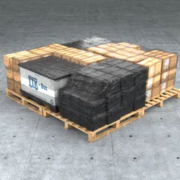 "Industrial container set with cardboard boxes, euro pallet, weapon case, and uni-pak container in cellophane. Lowpoly and game-ready 3D models for Blender 3D. Textured with highly detailed skin and blue and white color scheme."