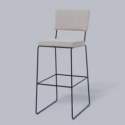 "Stools Alta Allana: Realistic 3D Model of a Linen Fabric and Black Metal Bench Chair for Blender 3D. Perfect for bar or counter decoration. Created in 2019 by Muqi, rendered for stool, and standing in the corner of a room, as seen from behind."