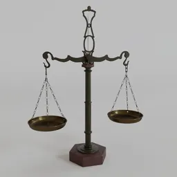 Detailed 3D rendering of vintage brass balance scale with hammered pans, ideal for historical scene assets.