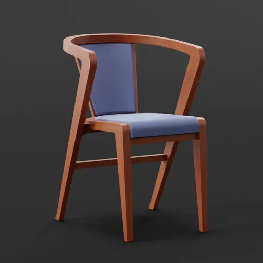 Elegant Blender 3D rendered wooden armchair model with blue fabric seat and backrest on a plain background.