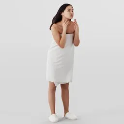 3D rendered young woman in towel, post-shower, examining her face for Blender modeling.