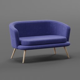 "Scandinavian-inspired Gistrup 2-seat blue couch with wooden legs on a gray background. High-resolution topological renders for Blender 3D, suitable for interior designers. Swedish design with elegant, rounded shape and purple drapery."
