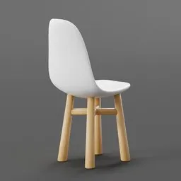 3D modeled white children's chair with wooden legs, rendered in Blender, suitable for bird-themed designs.