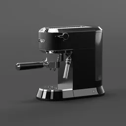 "Highly detailed and sleek DeLonghi coffee machine rendered in Blender 3D. This 3D model showcases the internals of the machine with a jet black tuffe coat and a gray background. Perfect for your kitchen appliance projects in Blender 3D."