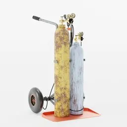 "Industrial-grade metal cart designed for oxygen cylinder transportation in Blender 3D. Dual tanks mounted for efficient storage and mobility in Heinrich Maria Davringhausen inspired design. Rustic ochre coloration complements atmospheric scene without distracting text."