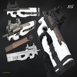 High-quality Blender 3D model of an animated FN P90 gun with multiple texture variations and a detailed rig, ideal for military simulations.