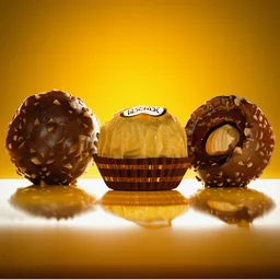 Realistic 3D model of Ferrero Rocher chocolates with detailed procedural textures on a yellow backdrop.