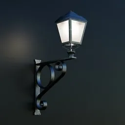 Detailed 3D render of a vintage wall-mounted street lamp with lighting effects, optimized for Blender.