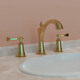 Arabic-style golden faucet 3D model rendered in Blender, detailed metallic texture, optimized for bathroom design visualization.