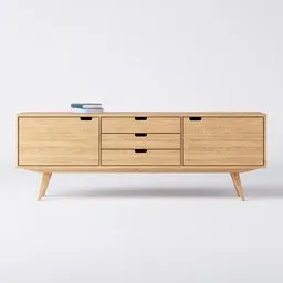 Detailed wooden sideboard 3D render for Blender, featuring drawers and cabinet doors with sleek handles.