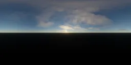 Dramatic high-resolution image of sun setting behind clouds over the horizon, ideal for realistic scene lighting.