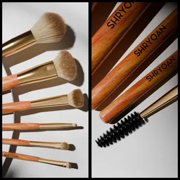 Makeup brushes set on podium
