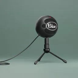 "Snowball Ice PBR microphone on a tripod with a cord, surrounded by dark blue spheres. This detailed 3D model, created by Eric de Kolb, is perfect for Blender 3D projects. Inspired by Karl Ballmer, it features a black box, black cloth, and blue whale elements. Available on BlenderKit's audio category."