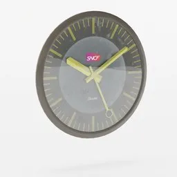 Detailed 3D model of the iconic SNCF station clock with a transparent face and yellow hands, Blender compatible.