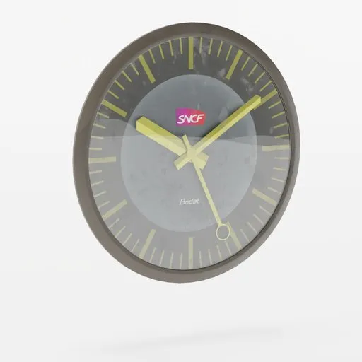 Detailed 3D model of the iconic SNCF station clock with a transparent face and yellow hands, Blender compatible.
