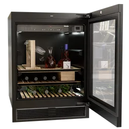 Highly detailed 3D model of a Miele wine cooler with open door, rendered in Blender, showing shelves and bottles.