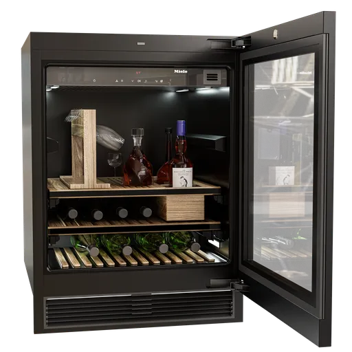 Highly detailed 3D model of a Miele wine cooler with open door, rendered in Blender, showing shelves and bottles.