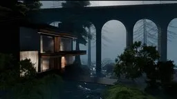 Misty forest scene with modern house and bridge rendered in Blender 3D with advanced color compositing.