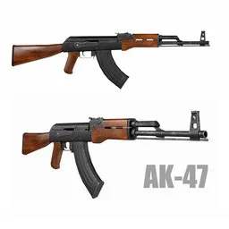 High-quality 3D model of AK-47 with PBR textures, suitable for Blender 3D projects and military history enthusiasts.