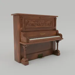 Detailed 3D model showcasing a vintage upright piano with ornate wood carvings, optimized for Blender renderings.