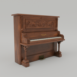 Detailed 3D model showcasing a vintage upright piano with ornate wood carvings, optimized for Blender renderings.