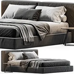 "A stylish and contemporary Flann bed by Ditre Italia, featuring a sleek and slim design in a dark grey theme, reminiscent of Carrivagio's style. This 3D model showcases a close-up view with a combination of a couch and a table, beautifully rendered with volumetric lighting. Perfect for Blender 3D enthusiasts seeking high-quality bedding furniture for their virtual projects."