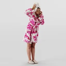 3D model of young girl in bathroom attire with eye patches, towel on head, and floral robe for Blender.