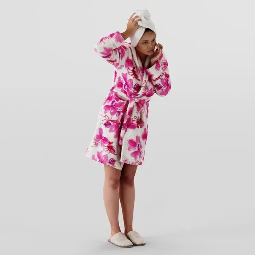 3D model of young girl in bathroom attire with eye patches, towel on head, and floral robe for Blender.