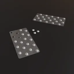"White pills arranged on a blister pack and table surface - 3D model for pharmacy visualization in Blender 3D. Created by Matthias Weischer, inspired by Aleksander Orłowski. Rendered in Octane and Frostbite 3 for stunning detail and realism."