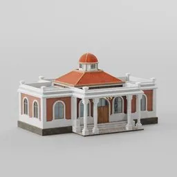 "Lowpoly Colonial Building in Blender 3D: Russian neoclassical architecture with a red roof. This polygonal 3D model showcases intricate details inspired by renowned artists like Oswaldo Guayasamín and Willem Jacobsz Delff. Perfect for historical projects or creating realistic settings in 3D art."