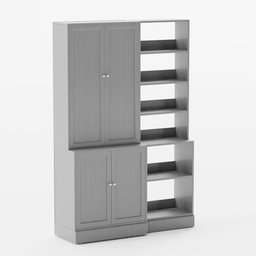 "Gray Ikea wardrobe with shelves and a door, modeled in Blender 3D. Based on instructions from the Latvian Ikea store website, this 3D model features a detailed body and towers, as well as a TV set and unused design. Perfect for adding realistic furniture to your 3D scenes."