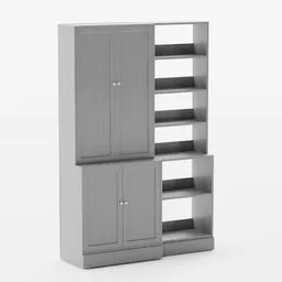 "Gray Ikea wardrobe with shelves and a door, modeled in Blender 3D. Based on instructions from the Latvian Ikea store website, this 3D model features a detailed body and towers, as well as a TV set and unused design. Perfect for adding realistic furniture to your 3D scenes."