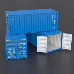 Blue 3D shipping container model with open doors, detailed textures, designed for video game asset use.
