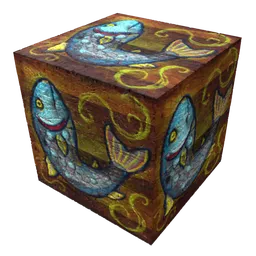 Detailed medieval-style 3D model cube with intricate fish patterns and PBR texture, ideal for historical Blender 3D projects.