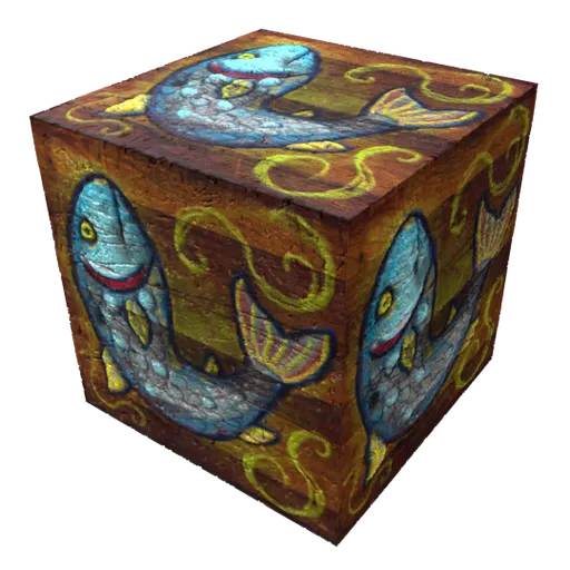 Detailed medieval-style 3D model cube with intricate fish patterns and PBR texture, ideal for historical Blender 3D projects.