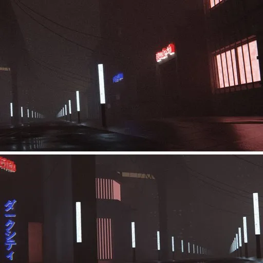 Detailed nighttime 3D model of a futuristic urban street, optimized for Blender Cycles rendering.