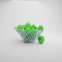 "Highly detailed 3D model of an apple basket, perfect for Blender 3D. Rendered with Octane and featuring green apples in a wireframe basket. Created by Puru, with a neon tint and soft light at 8k resolution."