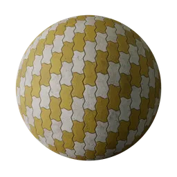 High-resolution PBR material for 3D Blender projects featuring a yellow diagonal zigzag unipaver pattern with interlocking edges.