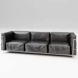 Highly detailed black leather 3D sofa model with polished metal frame for Blender rendering.