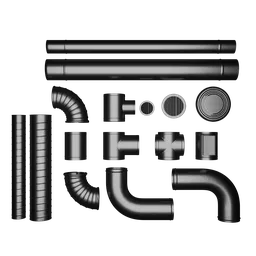 "Metal ventilation pipes 3D model for Blender 3D: Close-up view of black pipes and fittings on a steel gray background. High-contrast lighting and depth blur enhance the details of this disassembled 3D shaded model. Ideal for games and industrial designs."