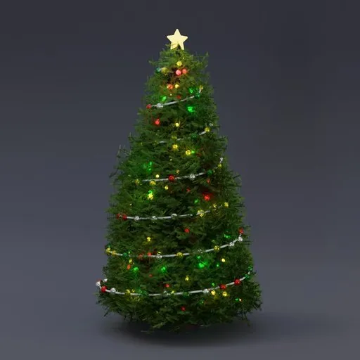 Detailed render of a customisable procedural Christmas tree with lights and star for Blender 3D visualization.
