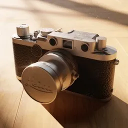 "Vintage Leica IIf Camera 3D model for Blender, inspired by renowned photographers and rendered with Vray. Features aluminum body and interchangeable lens. Perfect for 1940s-era game CG and other creative projects."