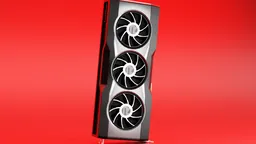 Detailed 3D render of an AMD graphics card with triple-fan design, available for Blender modeling projects.