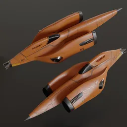"Scifi racer spacecraft 3D model in Blender 3D - A highly detailed brown fighter jet duo flying past an orange planet, inspired by Kanō Tan'yū and rendered with Octane. Perfect for sci-fi enthusiasts and game designers. Available for hire from a skilled 3D artist."