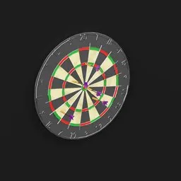 "High-quality Blender 3D model of a classic dart board with darts. This realistic 3D render captures the essence of a dart board with a dart in the center, featuring varied colors. Perfect for game developers, this model is designed with a dark mode aesthetic and includes important details such as drop shadow and clockface."