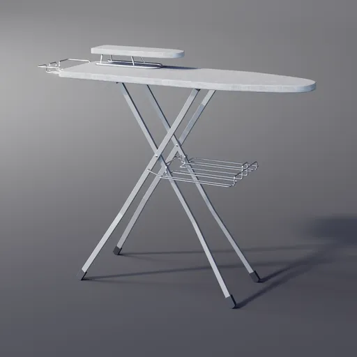High-quality 3D model of a modern ironing board with shelf, designed for Blender rendering, ideal for wardrobe visualization.